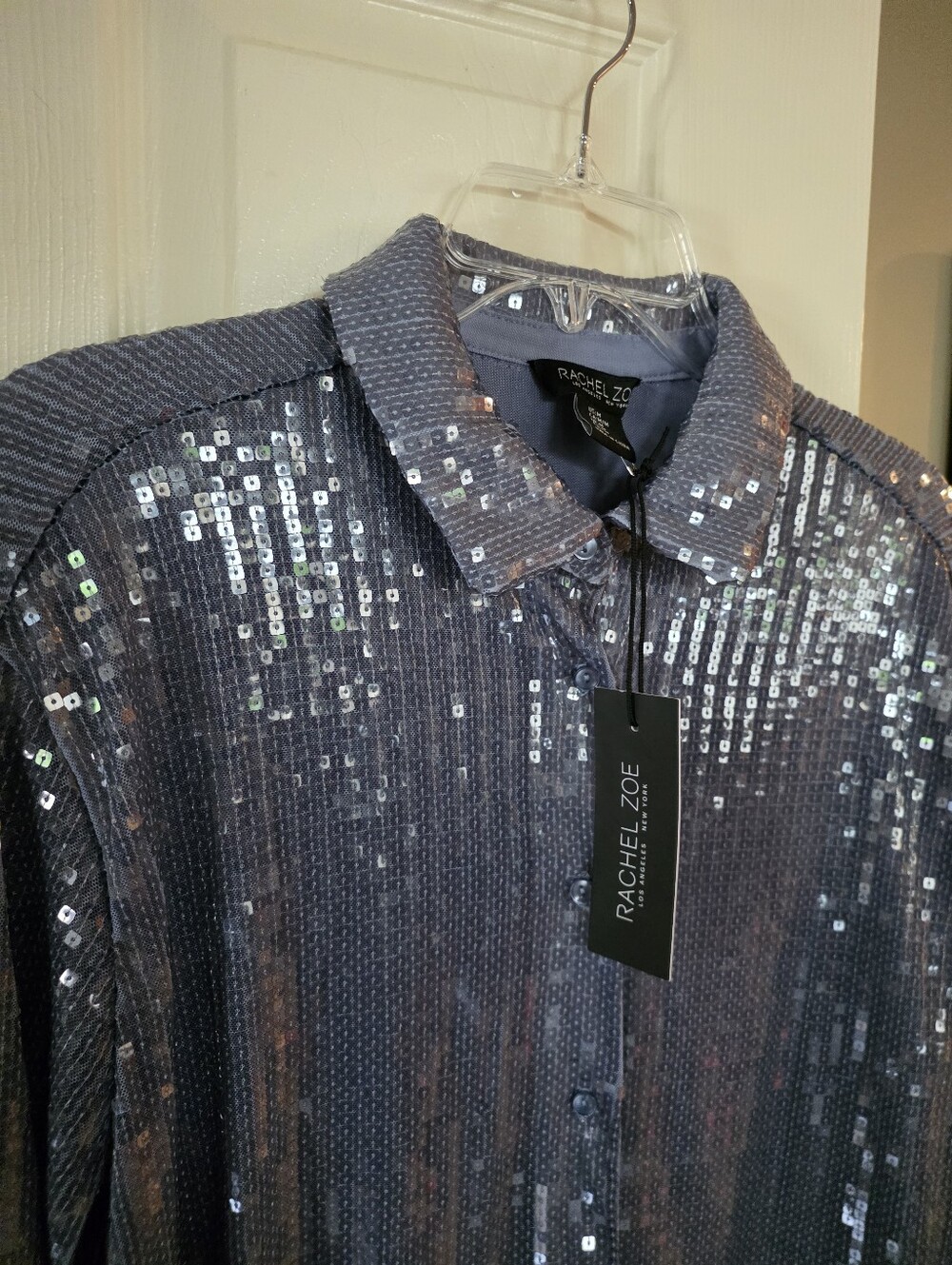 NWT Rachel Zoe Silver Blue Gray Sequin Button Shirt Jacket Medium - Picture 2 of 14